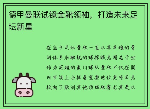 德甲曼联试镜金靴领袖，打造未来足坛新星