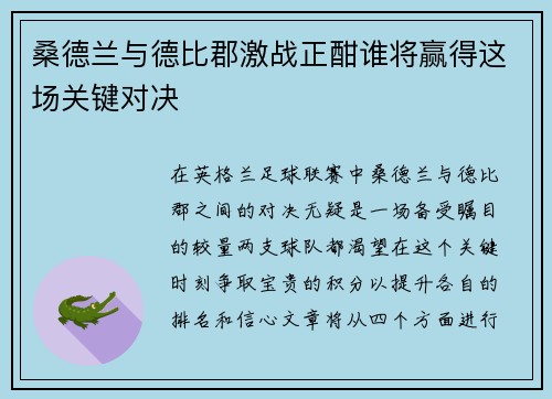 桑德兰与德比郡激战正酣谁将赢得这场关键对决
