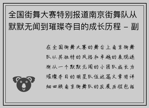 全国街舞大赛特别报道南京街舞队从默默无闻到璀璨夺目的成长历程 - 副本