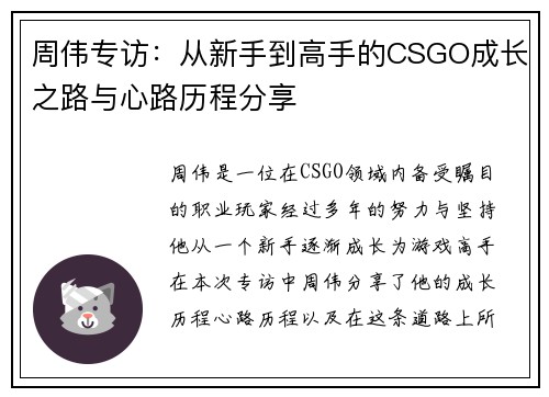 周伟专访：从新手到高手的CSGO成长之路与心路历程分享