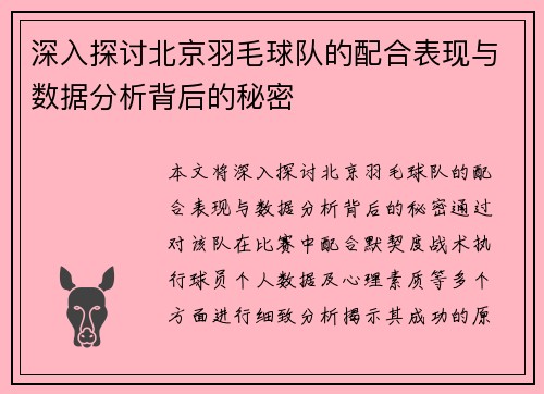 深入探讨北京羽毛球队的配合表现与数据分析背后的秘密
